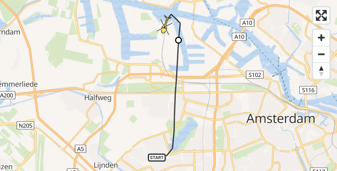 Routekaart van de vlucht: Lifeliner 1 naar Amsterdam Heliport, Willem Molengraaffstraat