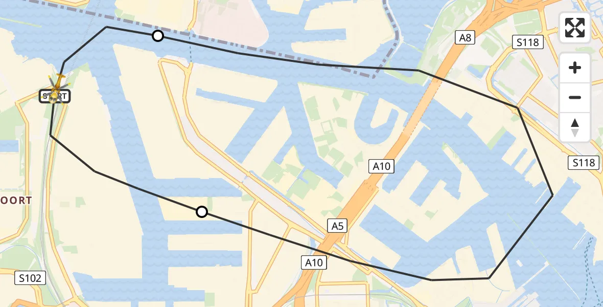 Vluchtroute Traumahelikopter van Amsterdam Heliport naar Amsterdam Heliport