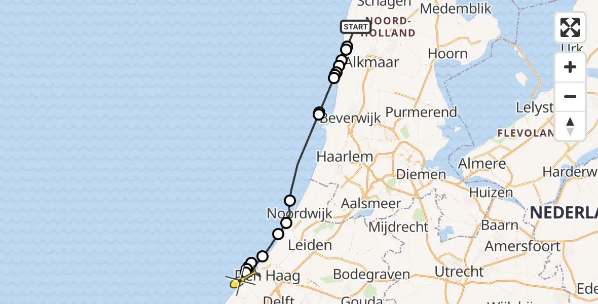 Routekaart van de vlucht: Kustwachthelikopter naar Den Haag, 2e Breelaan