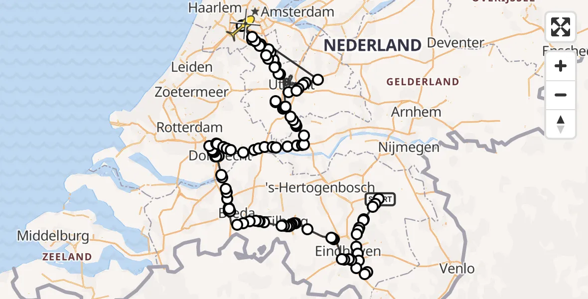 Vluchtroute Politiehelikopter van Vliegbasis Volkel naar Schiphol