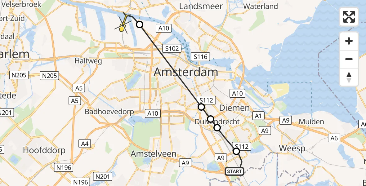 Routekaart van de vlucht: Lifeliner 1 naar Amsterdam Heliport, Sieverdinkpad