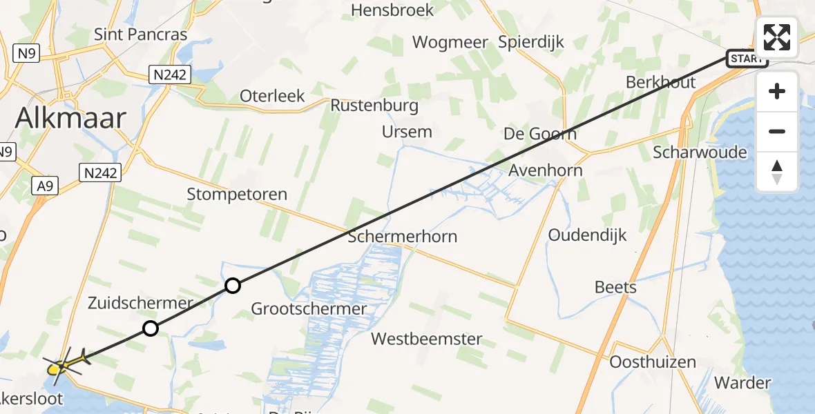 Routekaart van de vlucht: Politieheli naar Zuidschermer, Westdijk