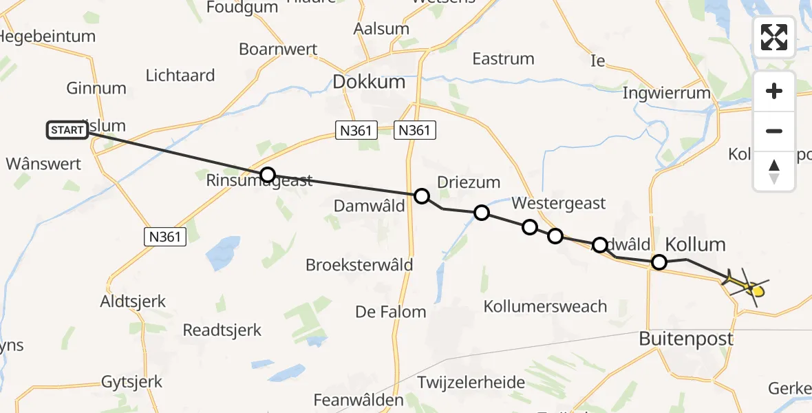 Routekaart van de vlucht: Ambulanceheli naar Kollum, Oude Vaart