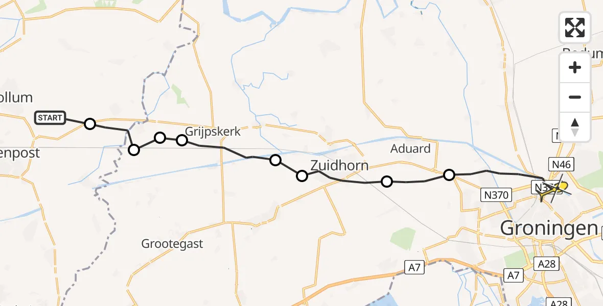 Routekaart van de vlucht: Ambulanceheli naar Groningen, Zevenhuisterweg