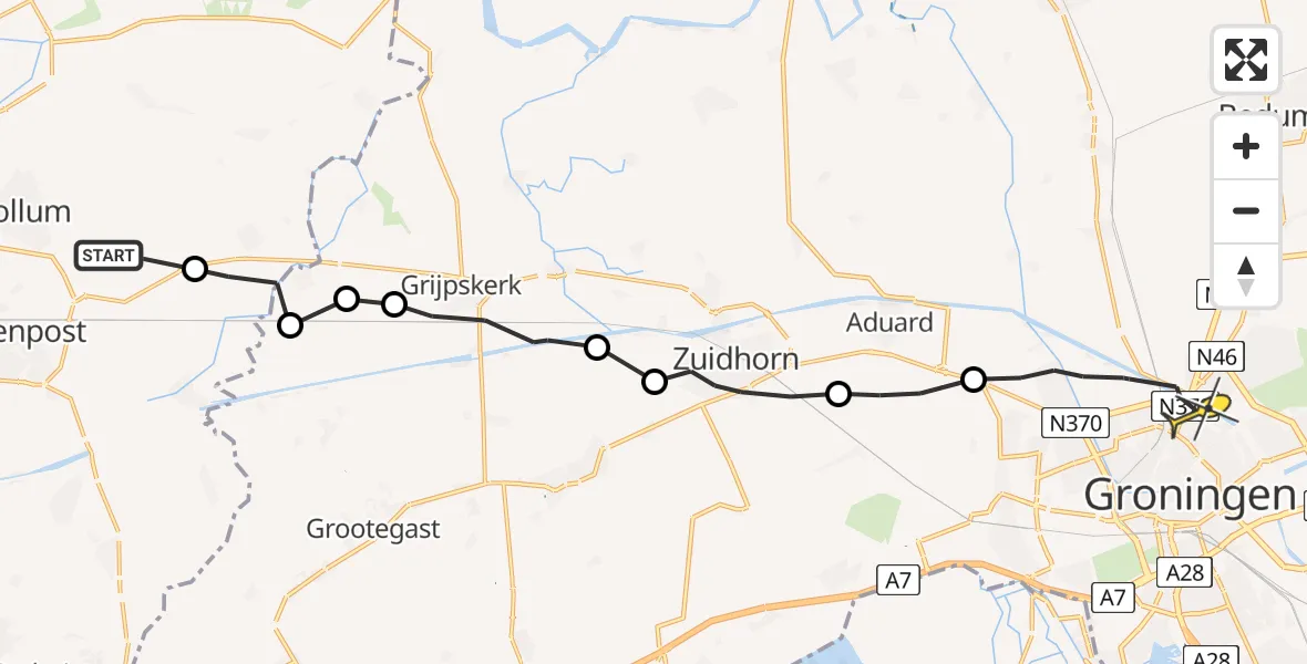 Routekaart van de vlucht: Ambulancehelikopter naar Groningen, Zevenhuisterweg