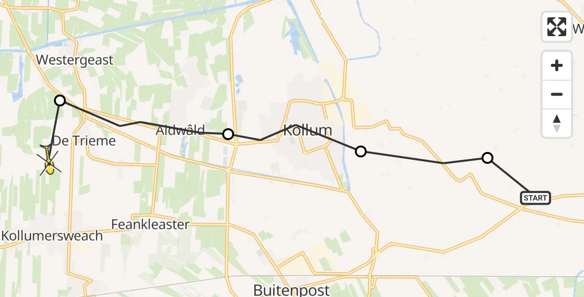 Routekaart van de vlucht: Ambulanceheli naar Triemen, Friese Straatweg
