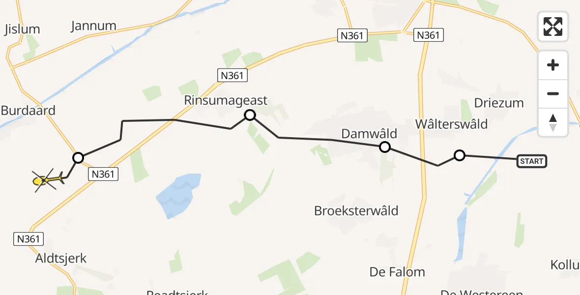 Routekaart van de vlucht: Ambulancehelikopter naar Burdaard, Petsleatswei