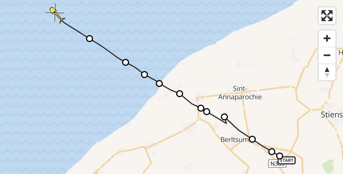 Routekaart van de vlucht: Ambulanceheli naar Oosterend, Middelseewei