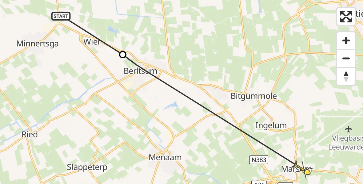 Routekaart van de vlucht: Ambulancehelikopter naar Marsum, Zuiderweg