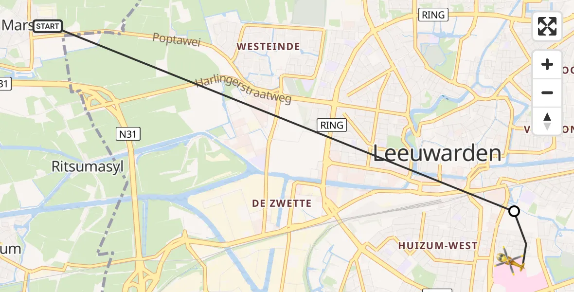 Vluchtroute Ambulancehelikopter Marsum - Leeuwarden, 29 januari 2024, 04:08