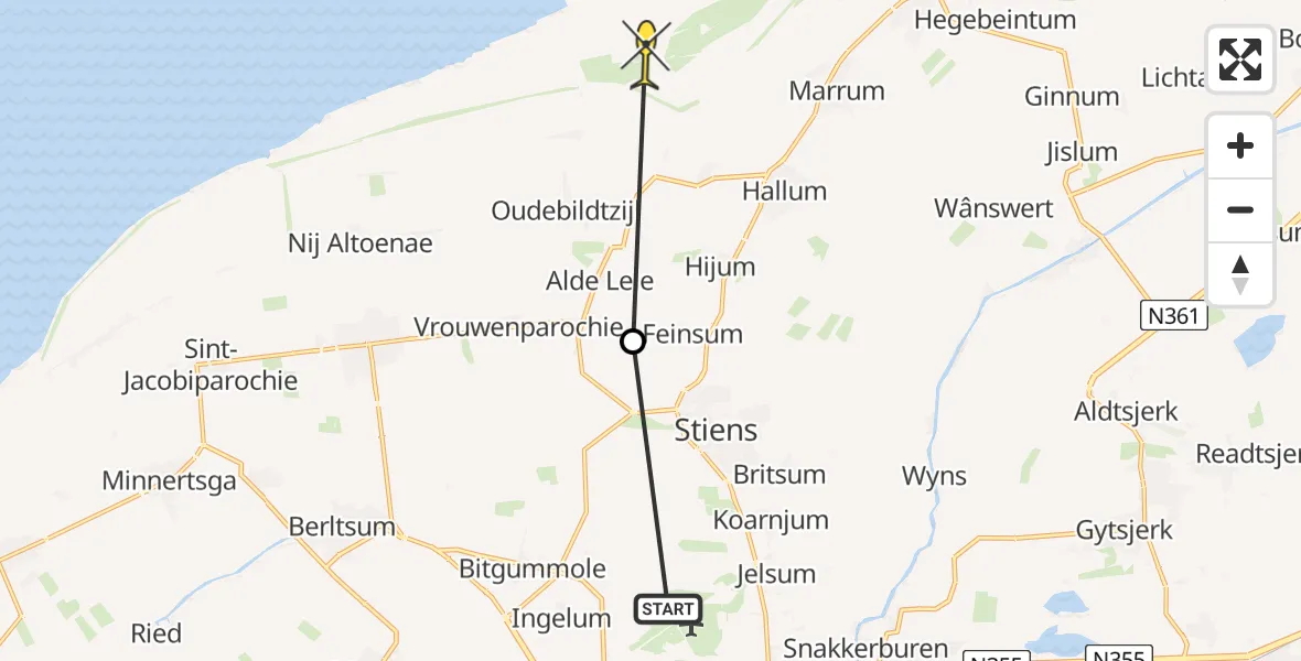 Routekaart van de vlucht: Ambulancehelikopter naar Marrum, Keegsdijkje