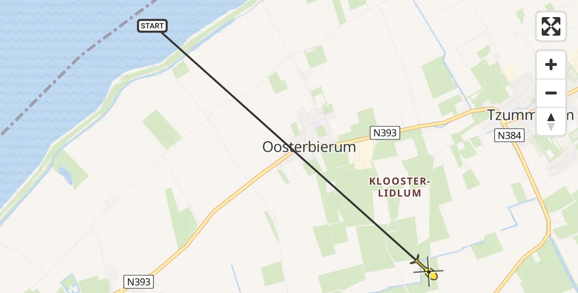 Routekaart van de vlucht: Ambulancehelikopter naar Tzummarum, Dyksfeart