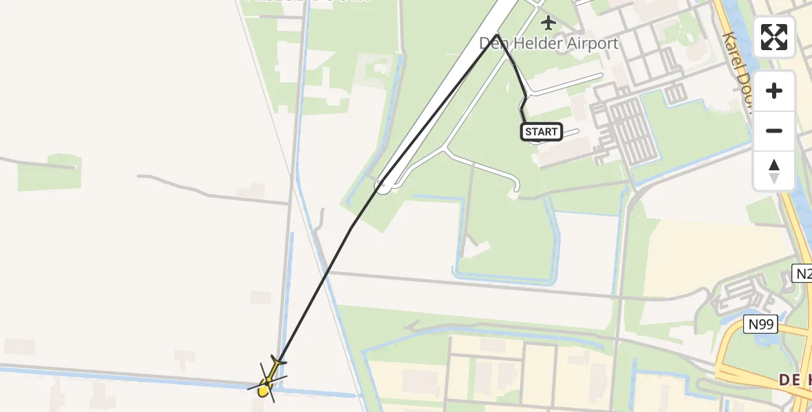 Routekaart van de vlucht: Kustwachthelikopter naar Vliegveld De Kooy, Rijksweg