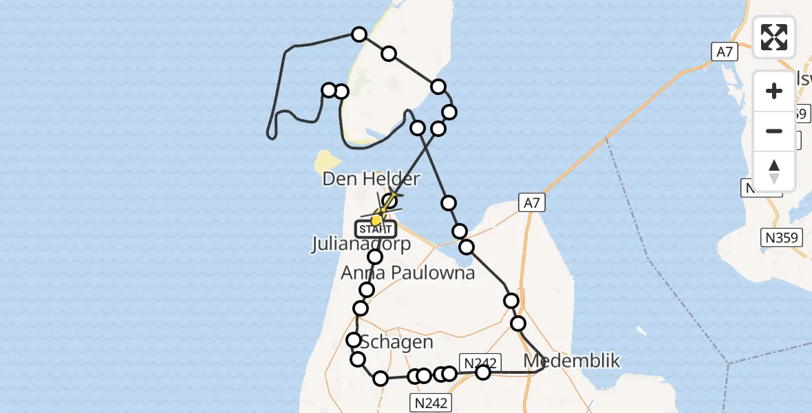 Routekaart van de vlucht: Kustwachthelikopter naar Vliegveld De Kooy, Rijksweg