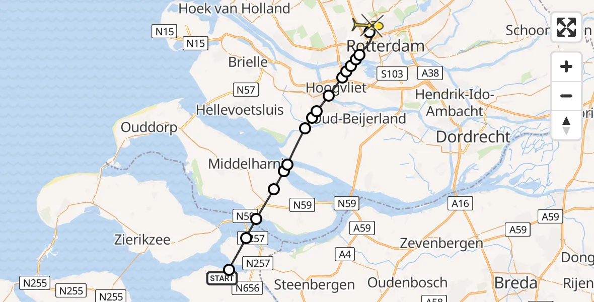 Routekaart van de vlucht: Lifeliner 2 naar Rotterdam The Hague Airport, De Heul