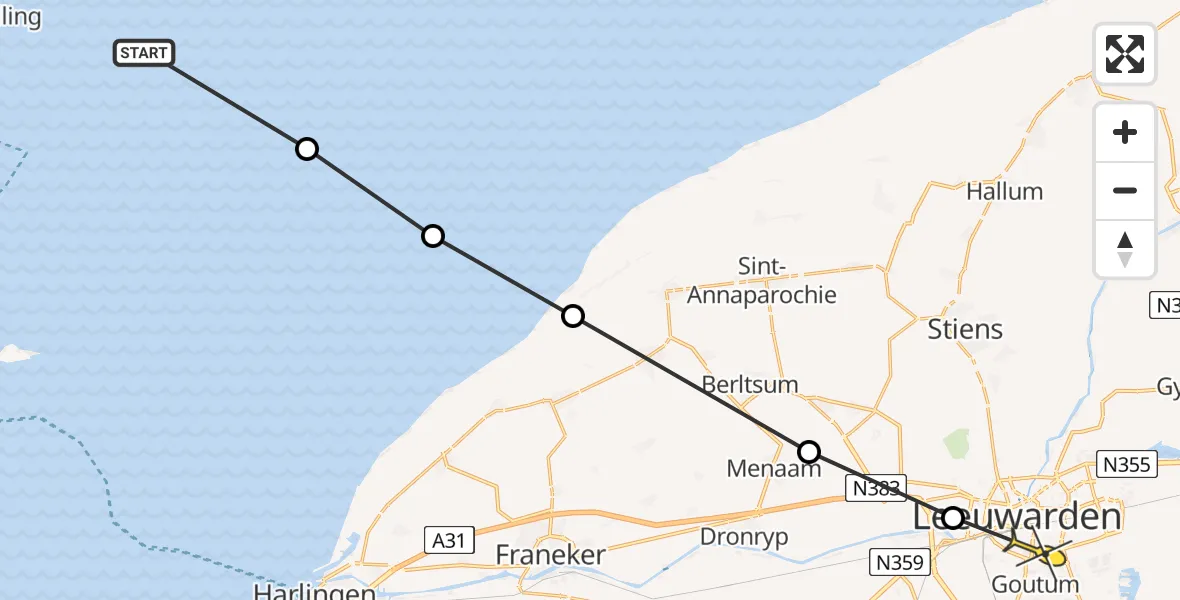 Routekaart van de vlucht: Ambulanceheli naar Leeuwarden, Riepel