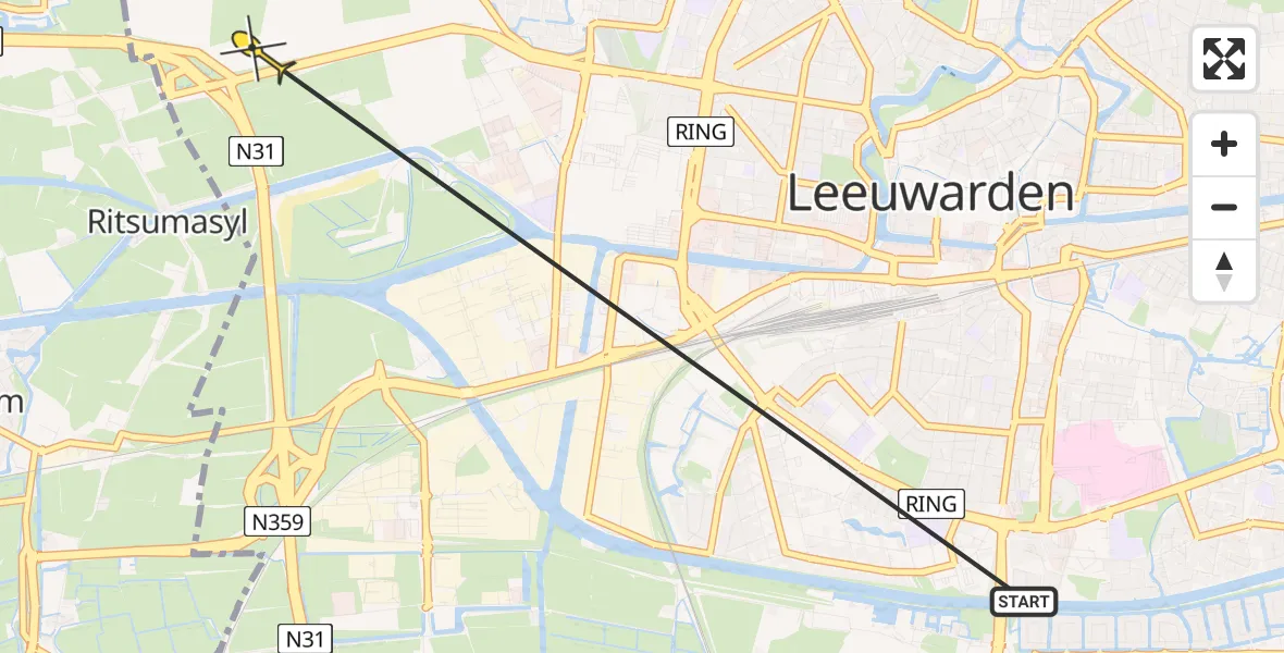 Vluchtroute Ambulancehelikopter van Leeuwarden naar Leeuwarden