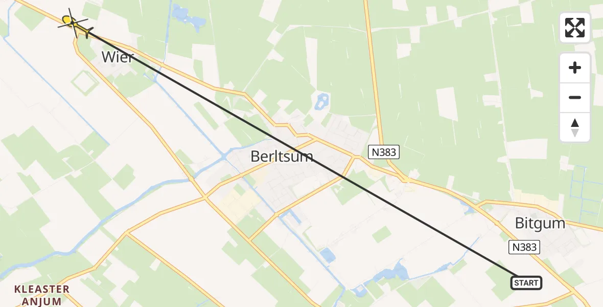 Routekaart van de vlucht: Ambulancehelikopter naar Wier, Bitgumerdyk
