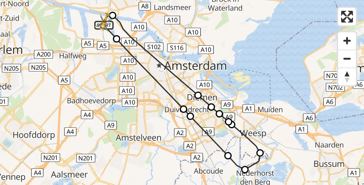 Vluchtroute Traumahelikopter van Amsterdam Heliport naar Amsterdam Heliport