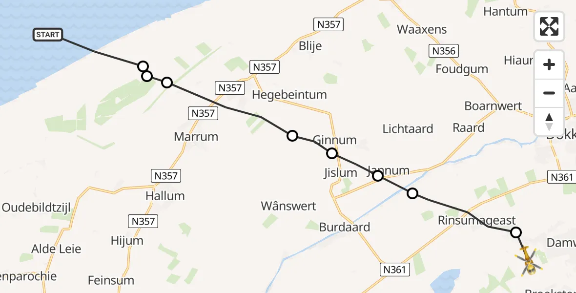 Vluchtroute Ambulancehelikopter Marrum - Damwâld, 29 januari 2024, 11:05