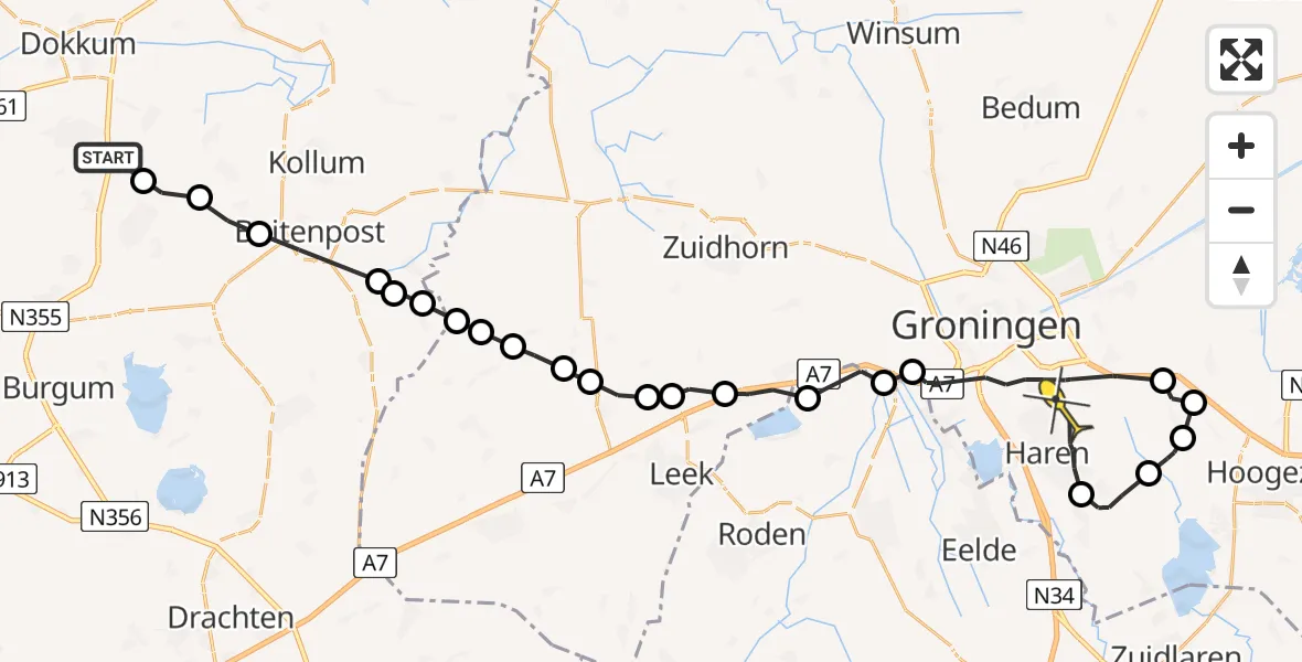 Routekaart van de vlucht: Ambulancehelikopter naar Haren, Halepaad