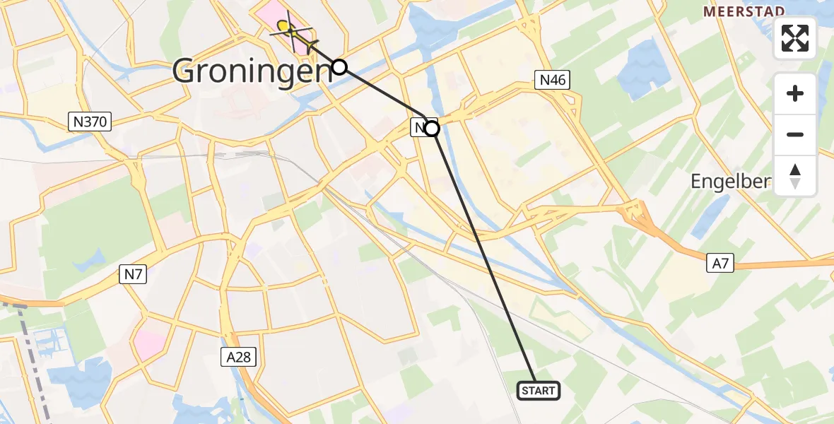 Routekaart van de vlucht: Ambulanceheli naar Universitair Medisch Centrum Groningen, Noorderzanddijk