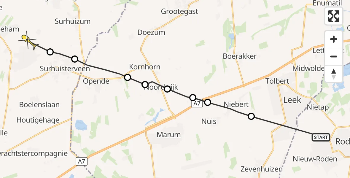 Routekaart van de vlucht: Ambulanceheli naar Harkema, Groenestein
