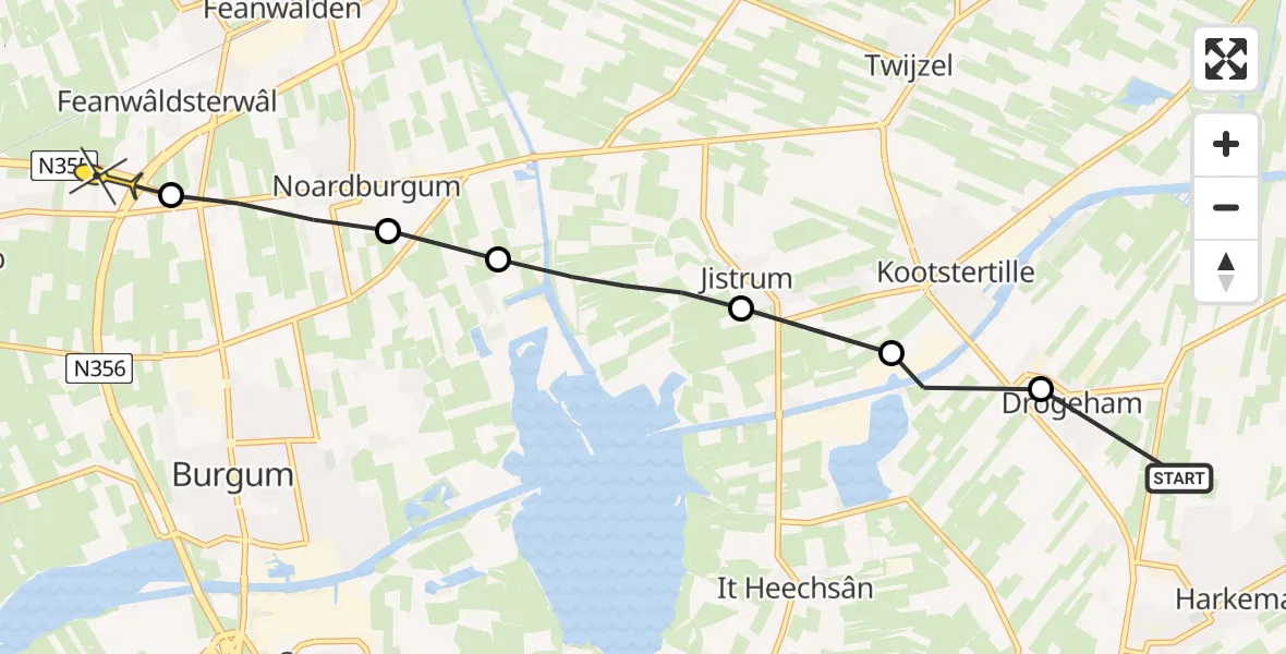 Routekaart van de vlucht: Ambulanceheli naar Hurdegaryp, Krúswei