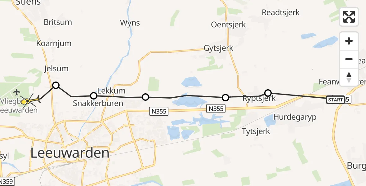 Routekaart van de vlucht: Ambulanceheli naar Vliegbasis Leeuwarden, Langedyk