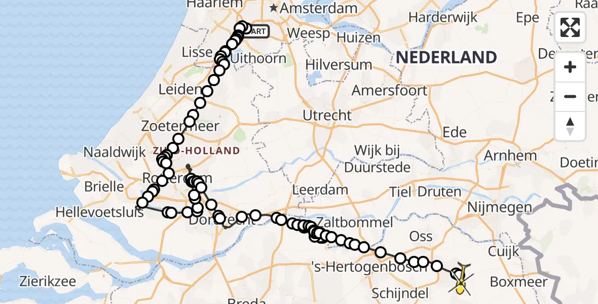 Vluchtroute Politiehelikopter van Schiphol naar Vliegbasis Volkel
