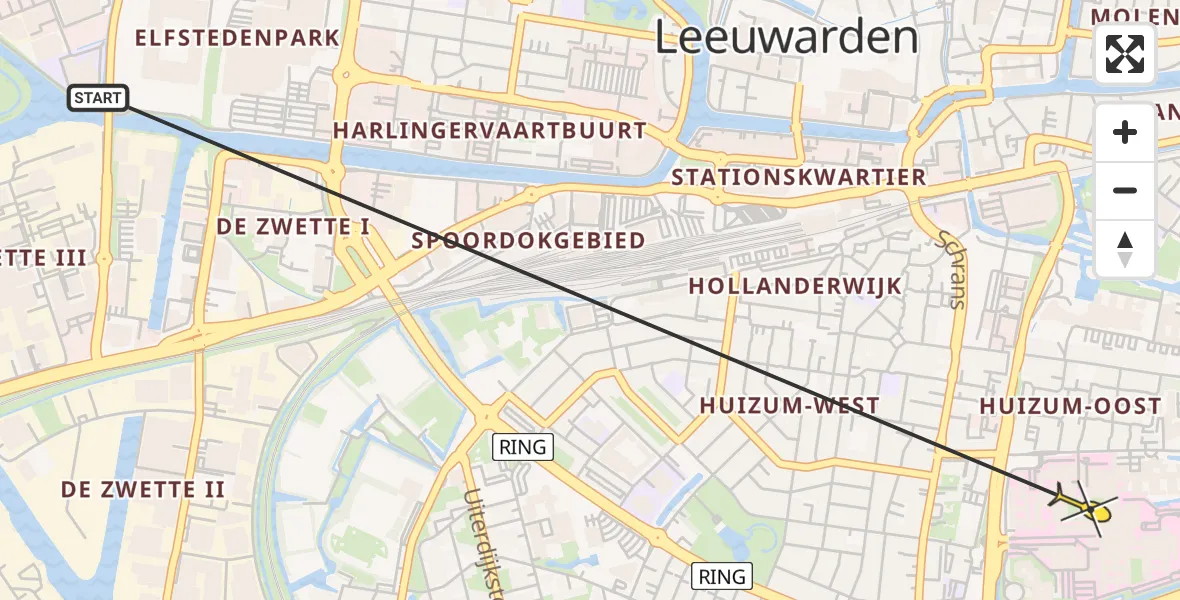 Vluchtroute Ambulancehelikopter van Leeuwarden naar Leeuwarden