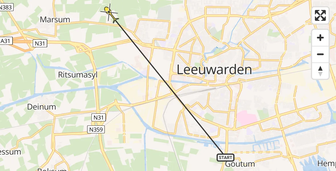 Routekaart van de vlucht: Ambulanceheli naar Leeuwarden, Redbadwei
