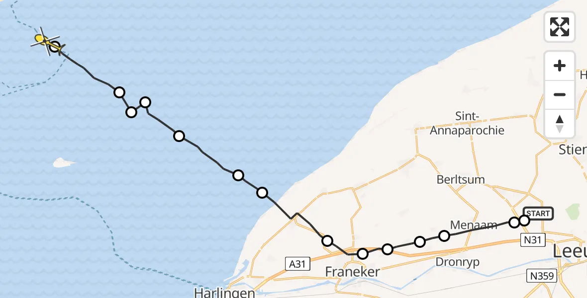 Routekaart van de vlucht: Ambulanceheli naar West-Terschelling, Tilledyk