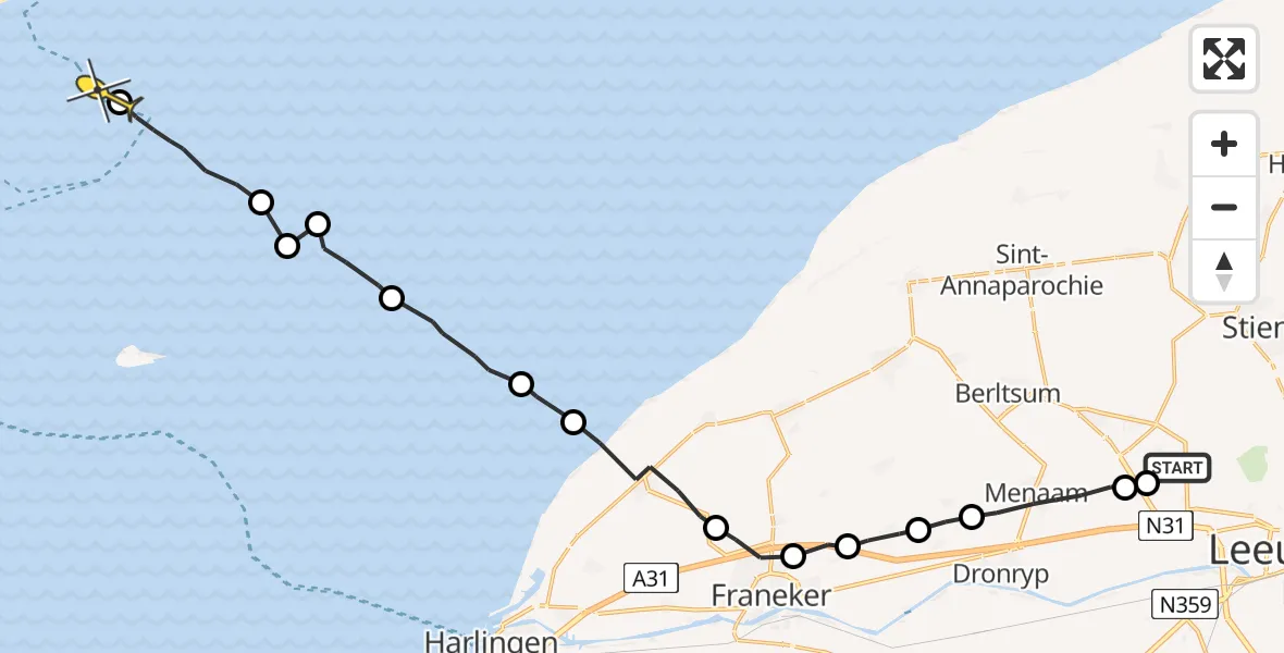 Routekaart van de vlucht: Ambulancehelikopter naar West-Terschelling, Tilledyk