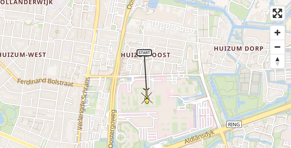 Vluchtroute Ambulancehelikopter van Leeuwarden naar Leeuwarden