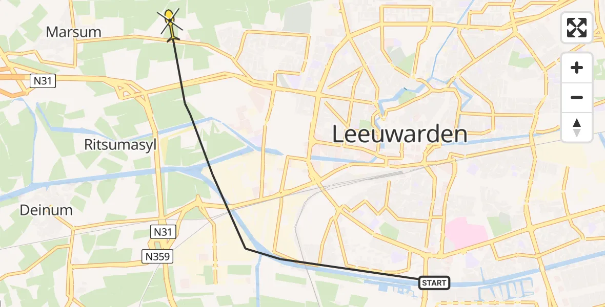 Vluchtroute Ambulancehelikopter van Leeuwarden naar Leeuwarden