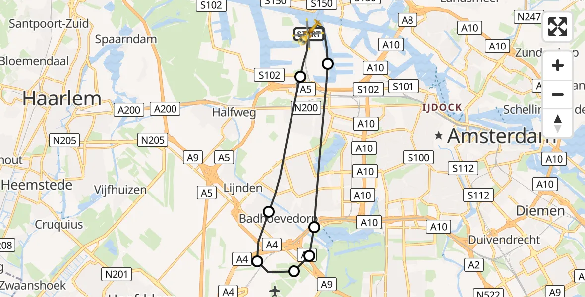 Vluchtroute Traumahelikopter van Amsterdam Heliport naar Amsterdam Heliport