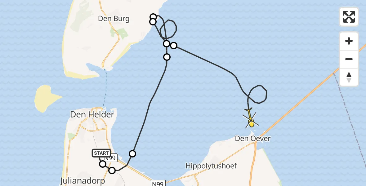 Routekaart van de vlucht: Kustwachthelikopter naar Den Oever, Rijksweg