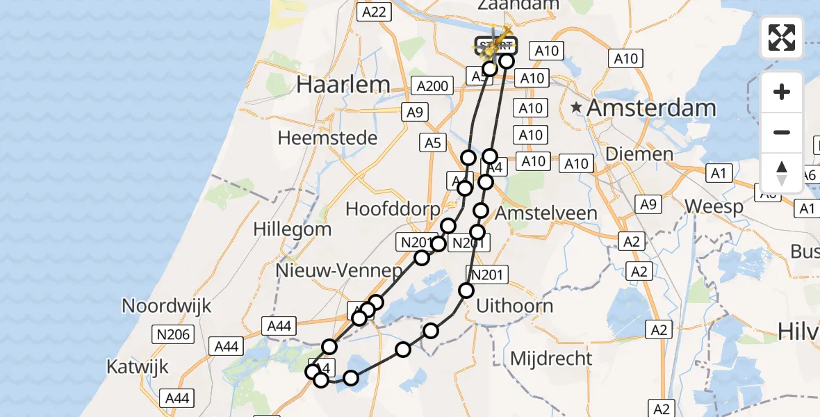 Vluchtroute Traumahelikopter van Amsterdam Heliport naar Amsterdam Heliport