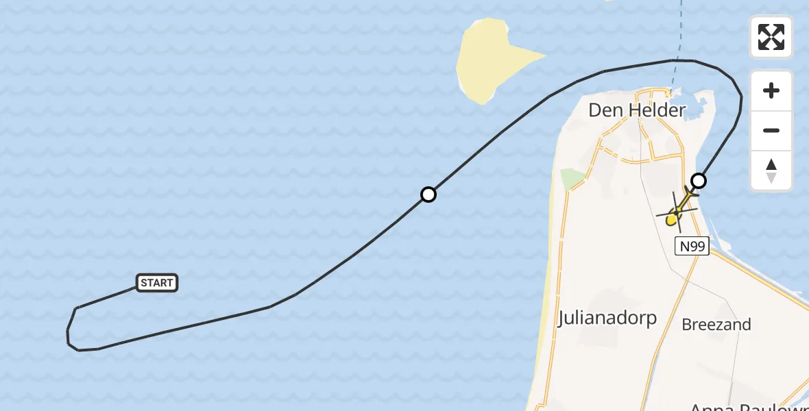 Routekaart van de vlucht: Kustwachthelikopter naar Vliegveld De Kooy, Oostoeverweg