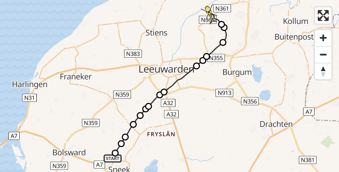 Routekaart van de vlucht: Ambulanceheli naar Rinsumageast, Thaborwei