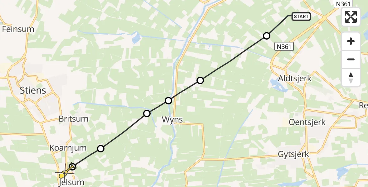 Routekaart van de vlucht: Ambulancehelikopter naar Jelsum, Steenendamsterweg