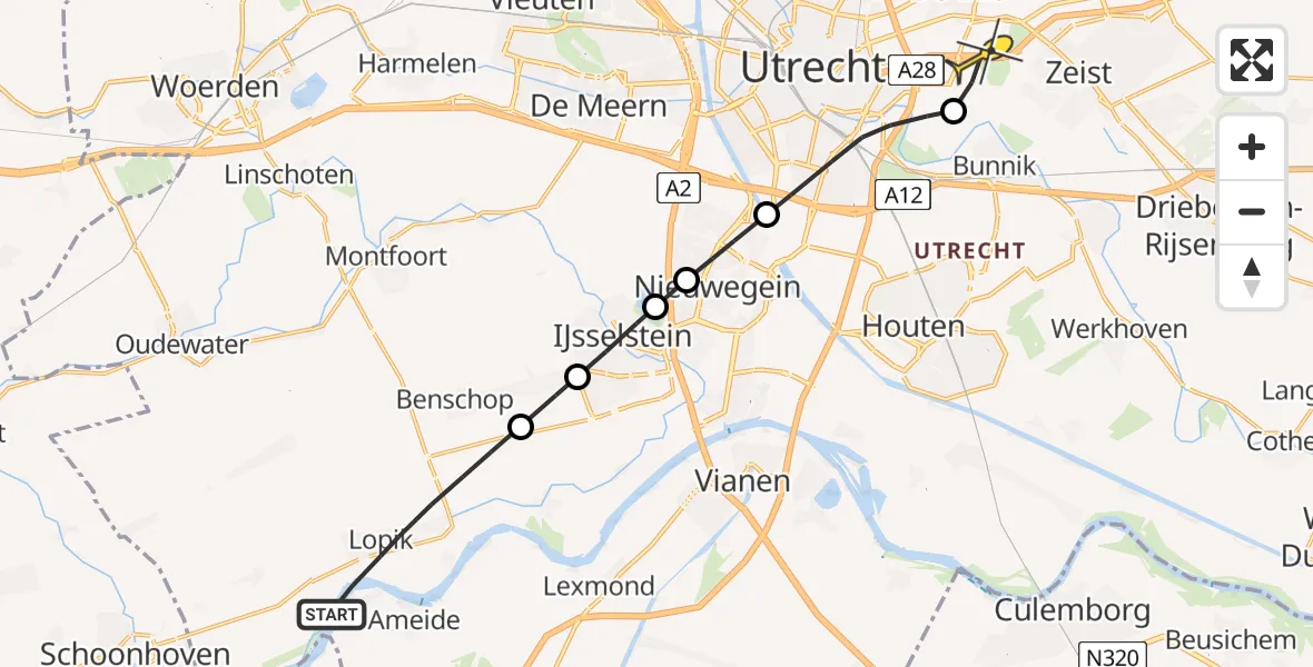Routekaart van de vlucht: Lifeliner 1 naar Universitair Medisch Centrum Utrecht, Lekdijk west