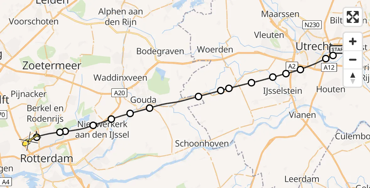 Routekaart van de vlucht: Lifeliner 2 naar Rotterdam The Hague Airport, UMC Ambulancetunnel