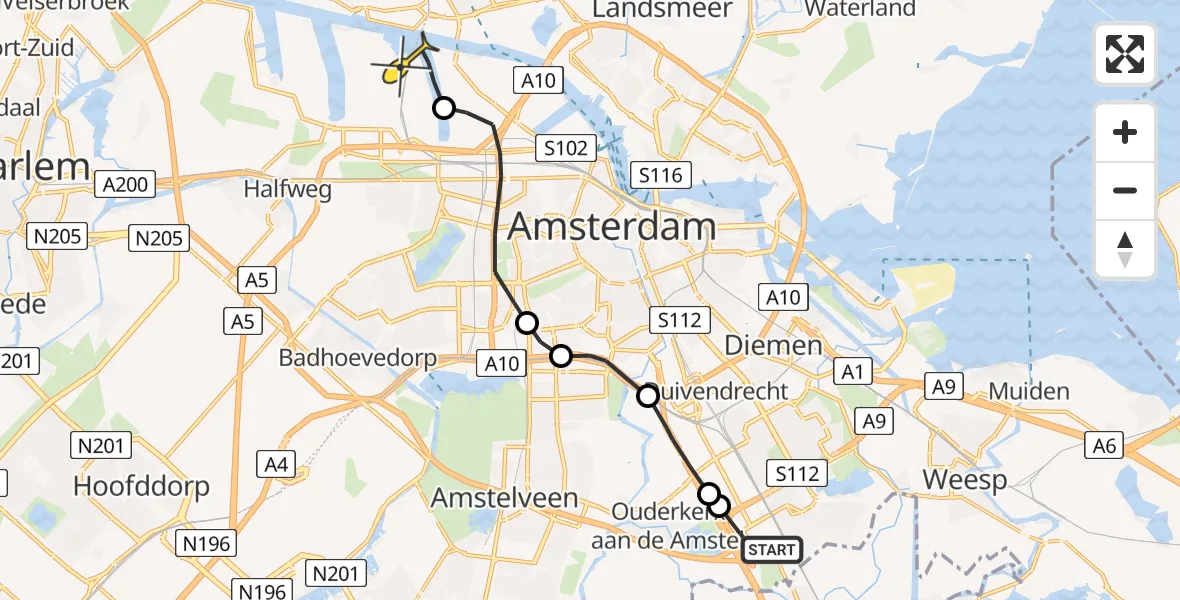 Routekaart van de vlucht: Lifeliner 1 naar Amsterdam Heliport, Schepenbergweg