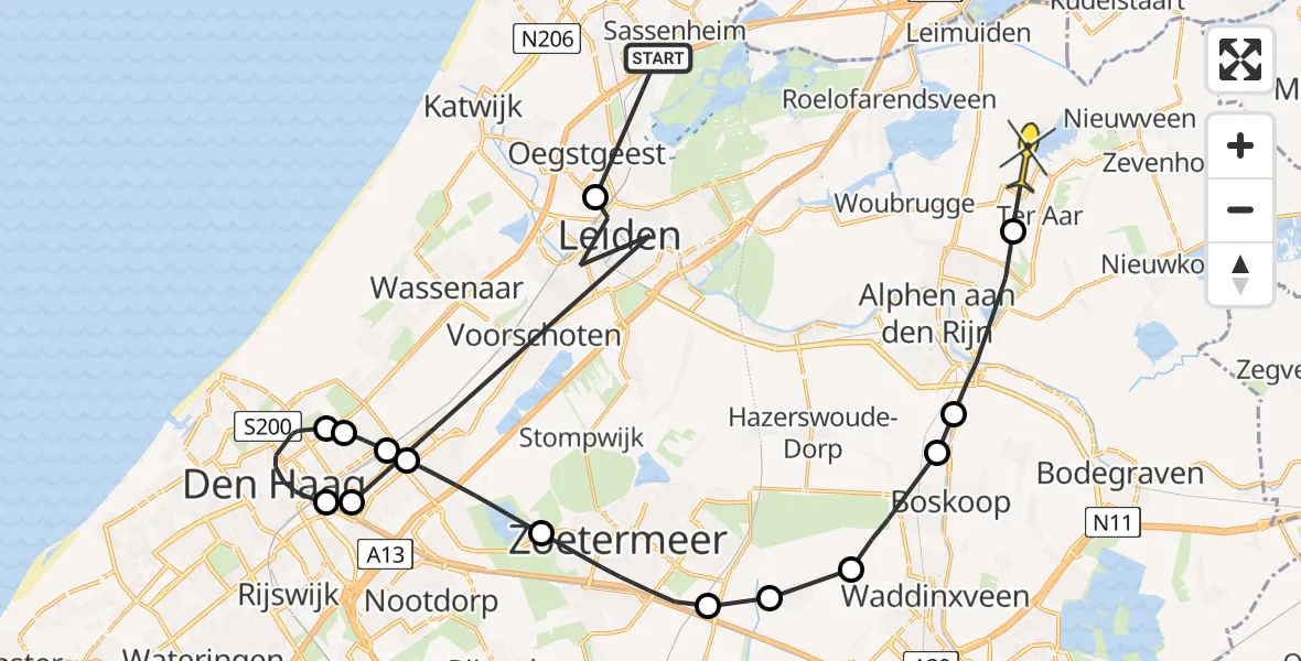 Routekaart van de vlucht: Politieheli naar Ter Aar, Wasbeekerlaan