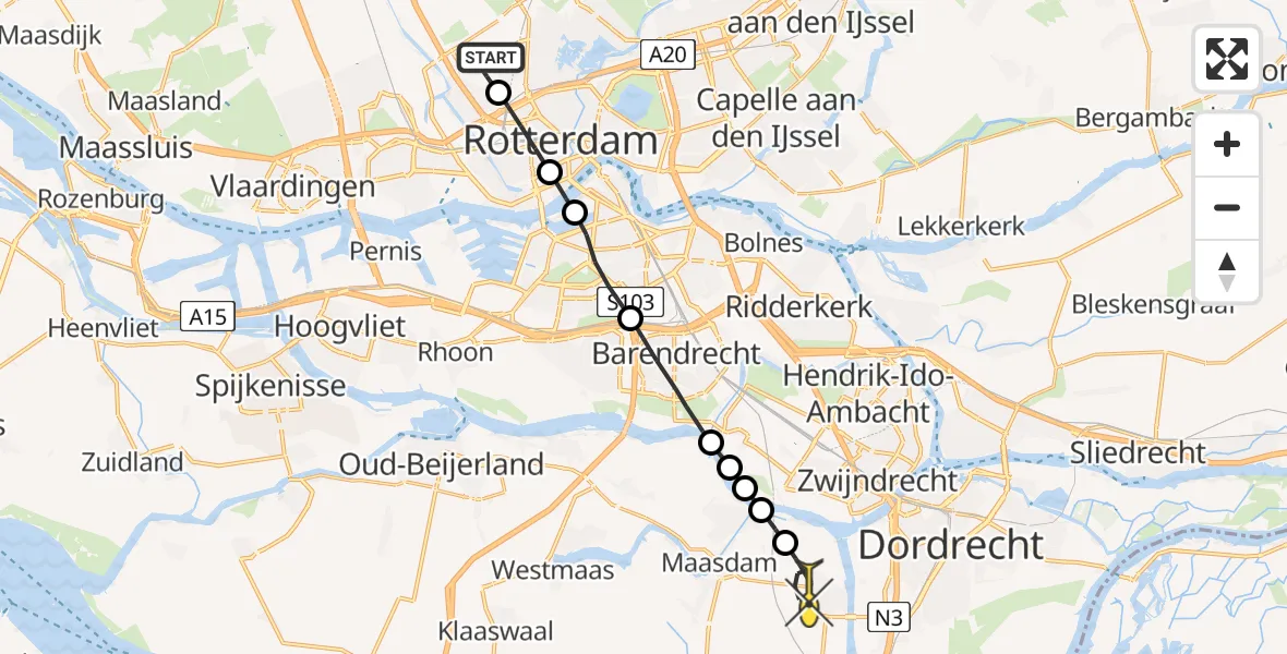 Routekaart van de vlucht: Lifeliner 2 naar 's-Gravendeel, Rotterdam Airportbaan