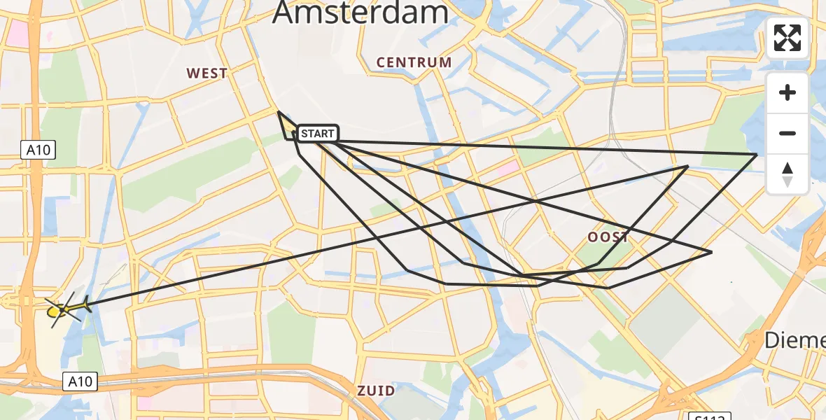 Routekaart van de vlucht: Politieheli naar Amsterdam, Meester Treublaan