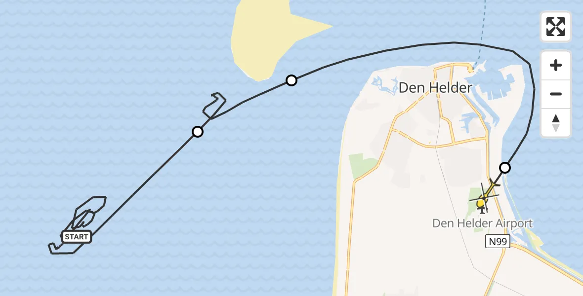 Routekaart van de vlucht: Kustwachthelikopter naar Vliegveld De Kooy, Het Nieuwe Diep