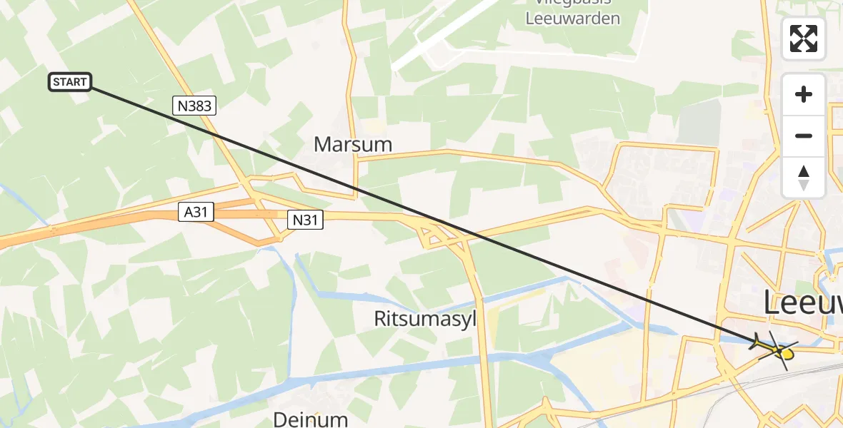 Routekaart van de vlucht: Ambulanceheli naar Leeuwarden, Ingelumerdyk